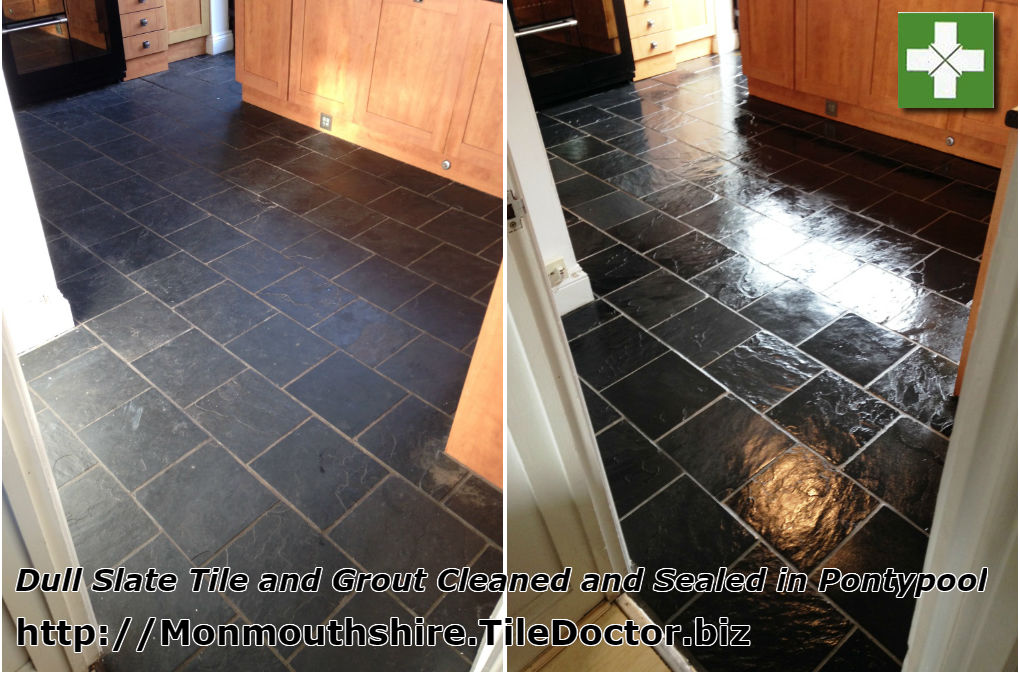 Slate tiled floor before and after cleaning in Pontypool